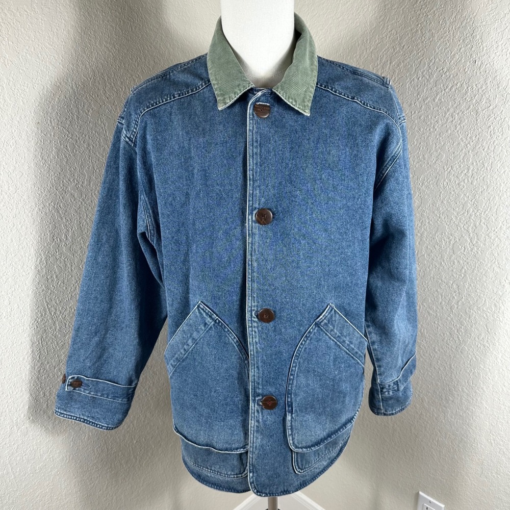 VTG River Edge Denim Barn Chore Coat Jacket Mens M Blue Flannel Lined Corduroy